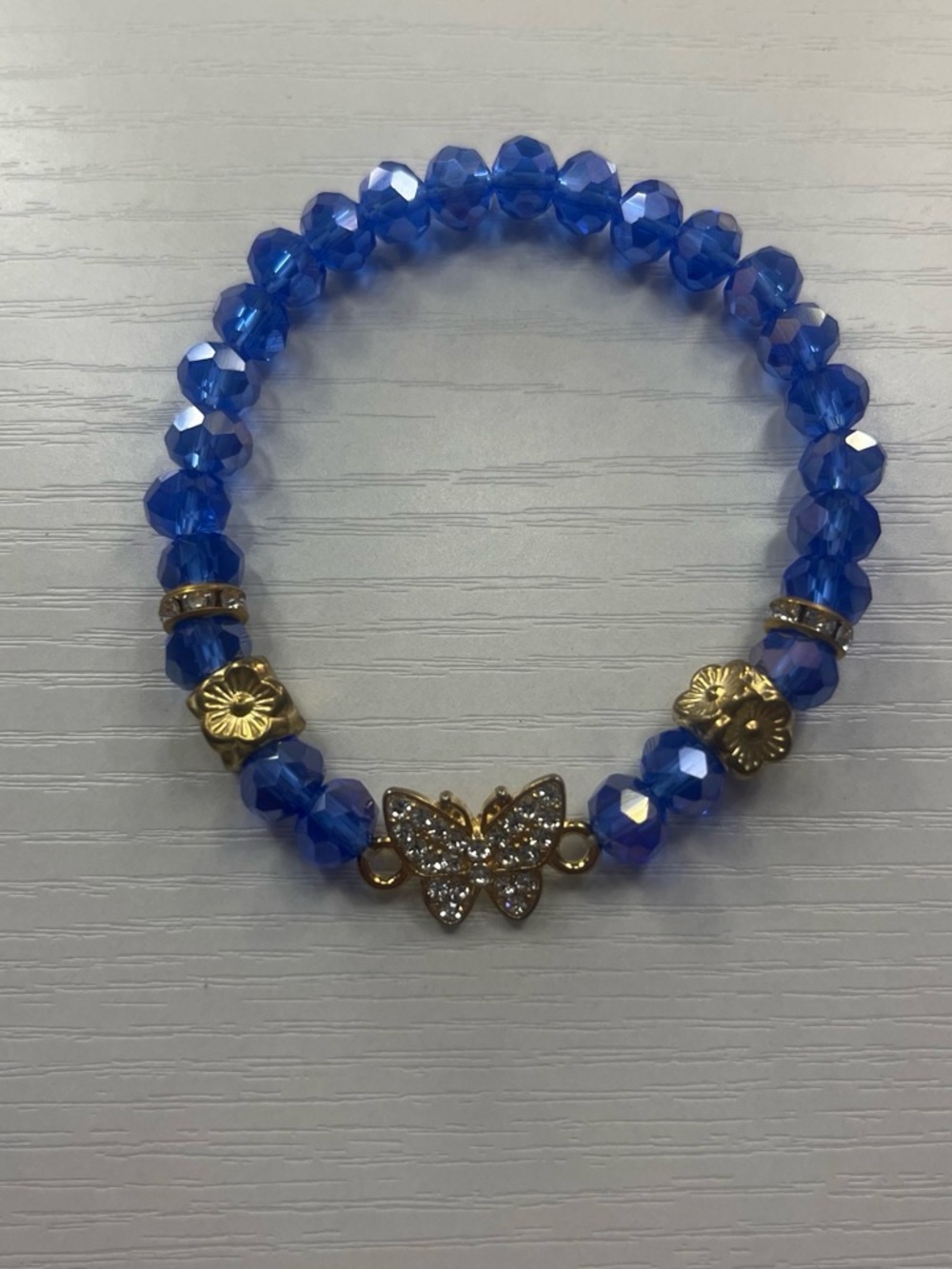 Blue Crystal Butterfly Stretch Bracelet - Gold Accents